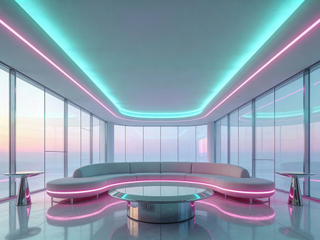 3d rendering of modern office interior with blue and pink neon lights