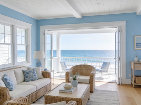 Interior of a living room with wicker furniture and sea viewの写真素材