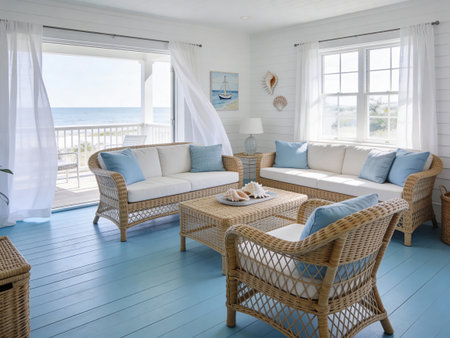 Interior of a living room with wicker furniture and a sea view