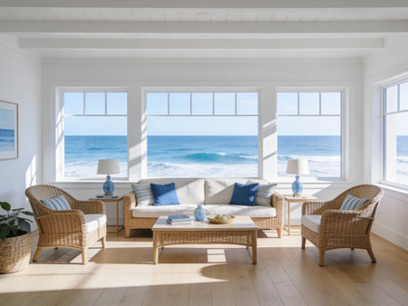 interior of modern living room with sea view. 3d render