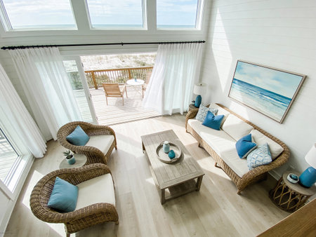 Luxury living room with view of the sea. Nobody inside