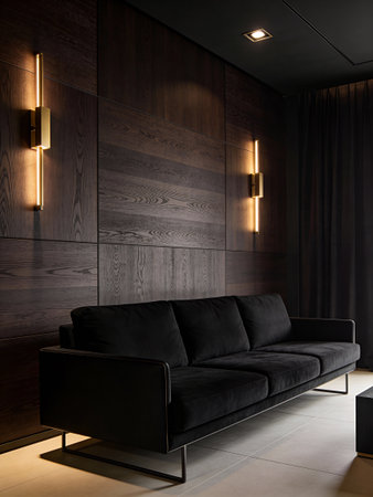 Black leather sofa in front of wooden wall. 3d rendering.