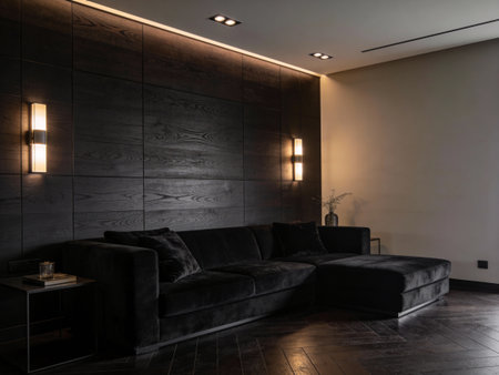 Luxury living room with a black sofa and a wooden wall