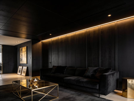 Interior of modern living room with dark wooden walls, concrete floor, black sofa and gold coffee table. 3d renderingの写真素材