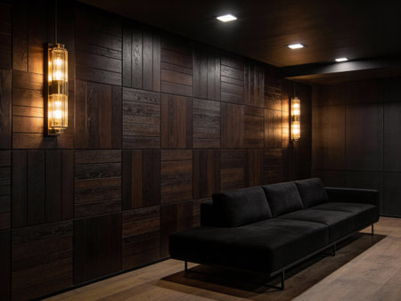 Interior of modern living room with wooden wall, sofa and lampsの写真素材