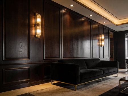 Luxury hotel lobby interior with black leather sofa and lamp.の写真素材
