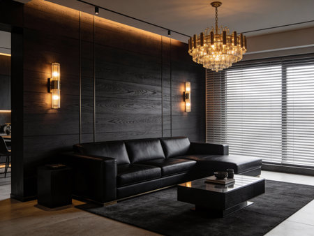 Luxury living room interior with black leather sofa and wooden wallの写真素材