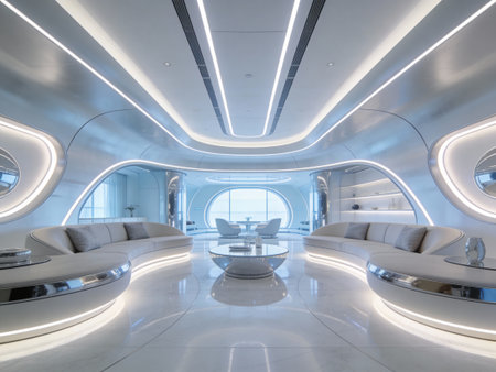 Interior of a modern office building with white walls and blue ceilingの写真素材