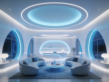 Interior of a modern hotel reception hall with reception desk and blue lights 3D renderingの写真素材