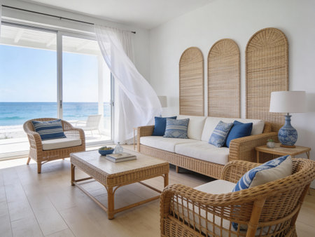 Beach living room with wicker furniture and sea view. Nobody insideの写真素材