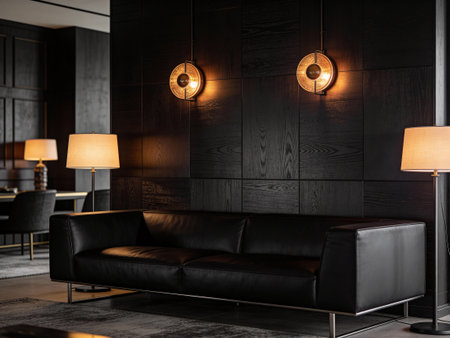 Black leather sofa in modern hotel lobby interior. 3D Renderingの写真素材