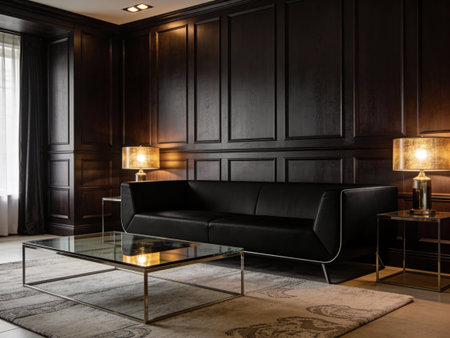 Black leather sofa in luxury hotel room interior. 3D Rendering
