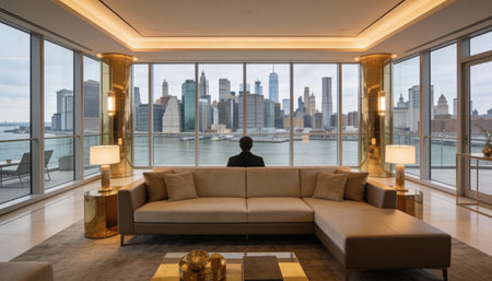 Luxury living room with view of the New York City skylineの写真素材