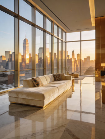 Luxury living room with a large window overlooking New York Cityの写真素材