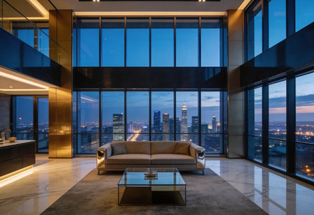 Luxury living room with a view of the city at nightの写真素材