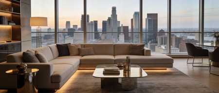 Modern living room interior with a panoramic view of New York Cityの写真素材
