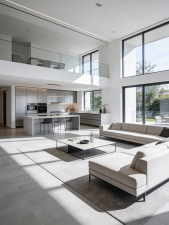 interior of new luxury house, view of living room with kitchenの写真素材