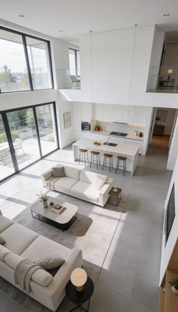 interior of new luxury house, wide living room with modern furnitureの写真素材