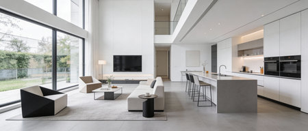Panoramic view of modern living room with kitchen and dining areaの写真素材