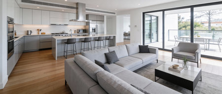 interior of modern apartment, living room and kitchen in new house