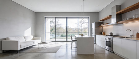 interior of modern bright kitchen with white walls, concrete floor, panoramaの写真素材
