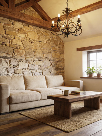 Interior design of a living room with a sofa and a coffee table