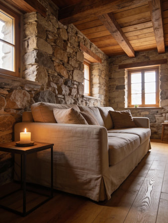 Interior of a country house with a comfortable sofa and a fireplaceの写真素材
