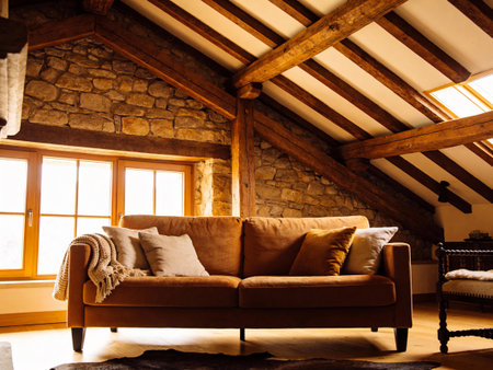 interior of a country house with wooden roof, sofa and armchairの写真素材