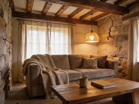 Interior of a country house with a cozy sofa and a coffee tableの写真素材