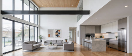 Interior of modern living room with panoramic windows. Nobody insideの写真素材