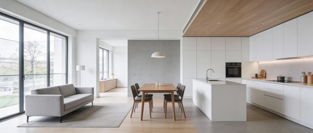 Panorama of modern kitchen with white walls, panoramic windows and wooden floor