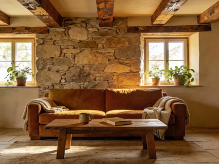 Interior of a country house, living room with a wooden sofa and a coffee tableの写真素材