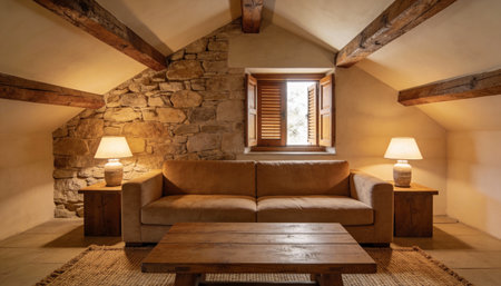 Interior of a villa with a brown sofa and wooden floor