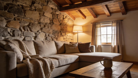 Cozy living room with sofa, coffee cup and wooden wall.の写真素材