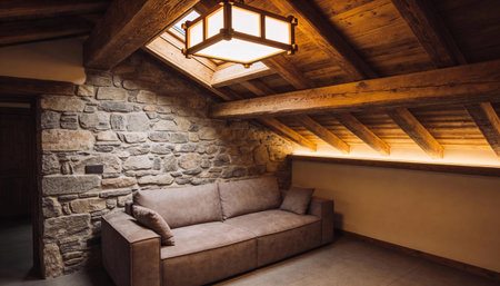 Interior of a room with a sofa and a ceiling lamp.