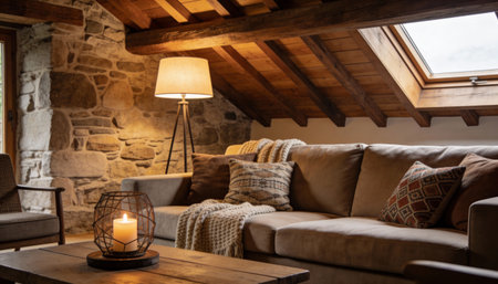 Interior of a country house, living room with a cozy sofa and a lampの写真素材