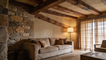 Interior of a living room with a sofa and a wooden ceiling