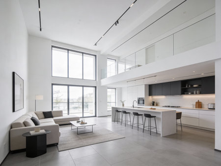 interior of new luxury house, white kitchen and dining room view