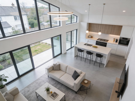 interior of new luxury house, kitchen and dining room. Nobody insideの写真素材