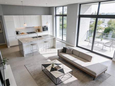 interior of new luxury house, modern kitchen and dining room viewの写真素材