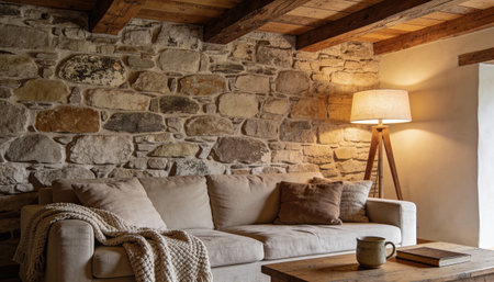 Interior of a cozy living room with a stone wall and a comfortable sofaの写真素材