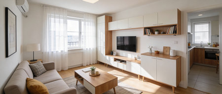interior of a modern apartment, living room, kitchen and dining areaの写真素材