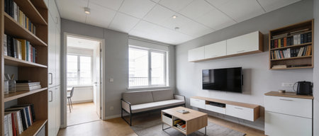 Interior of modern living room with tv and bookshelf. Nobody inside