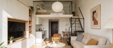 interior of modern house, living room, kitchen and dining areaの写真素材