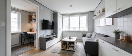 Panorama of a modern living room with a panoramic window