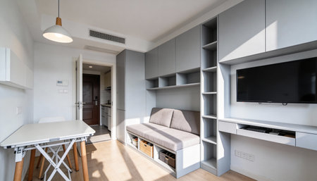 interior of modern house, living room with kitchen and dining area