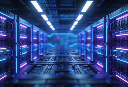 3D rendering of server room or data center with bright glowing lights