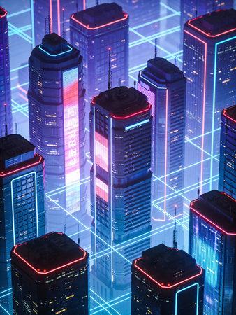 Night view of skyscrapers and neon lights. 3D rendering