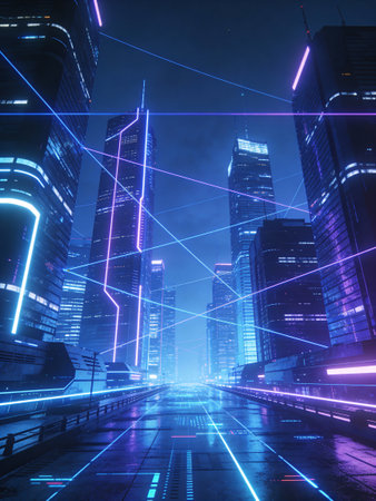 abstract futuristic city at night with neon lights, 3d renderingの写真素材
