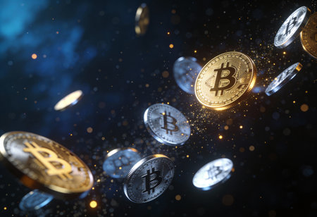 Golden bitcoin on dark background. Cryptocurrency concept. 3D Renderingの写真素材